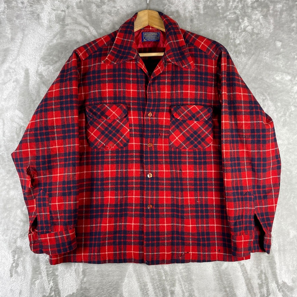 Vintage Pendleton Board Shirt Mens Large Plaid Wool Loop Collar 60s Distressed